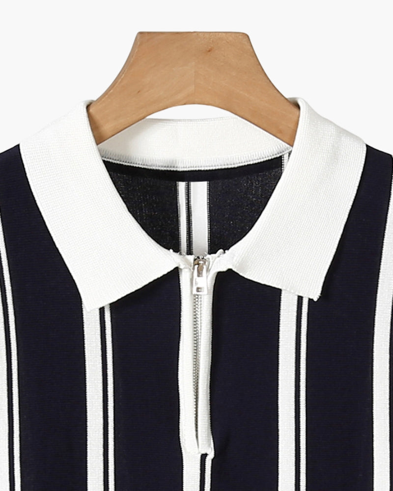 Men's Striped Knit Polo Shirt Quarter Zip Short Sleeve Top