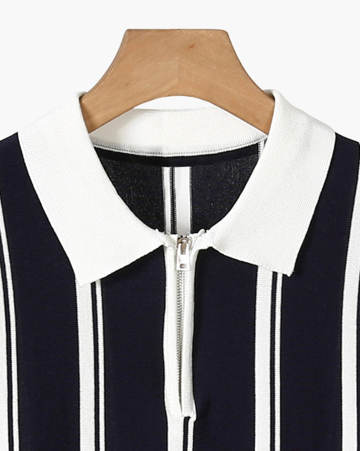 Men's Striped Knit Polo Shirt Quarter Zip Short Sleeve Top