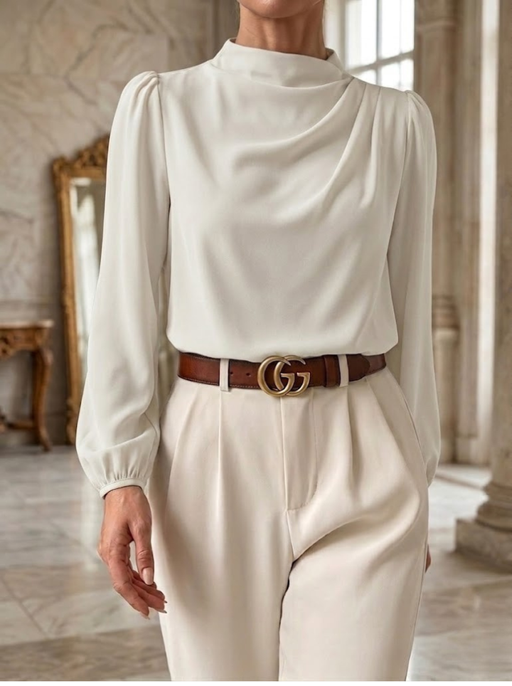 Women's Satin High Neck Blouse Long Sleeve Draped Silk Shirt