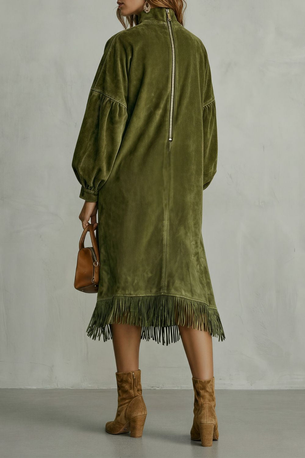 Women’s Faux-Suede Fringe Turtleneck Midi Dress