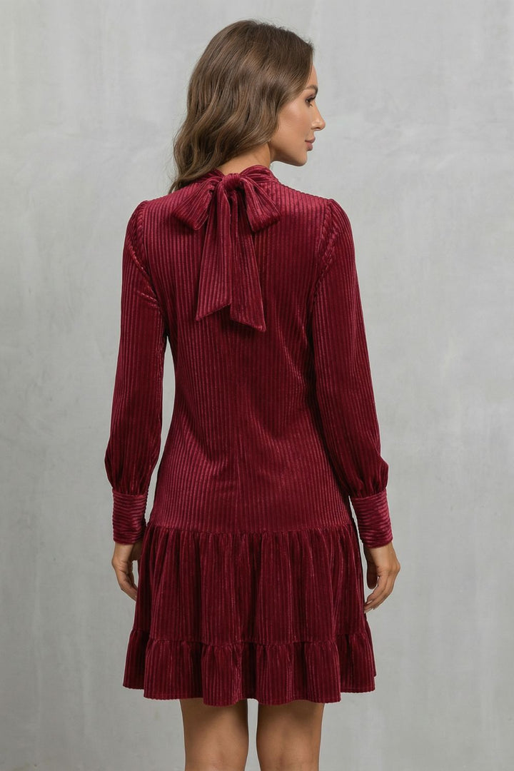 Women’s Velvet Bow-Tie Neck Tiered Mini Dress