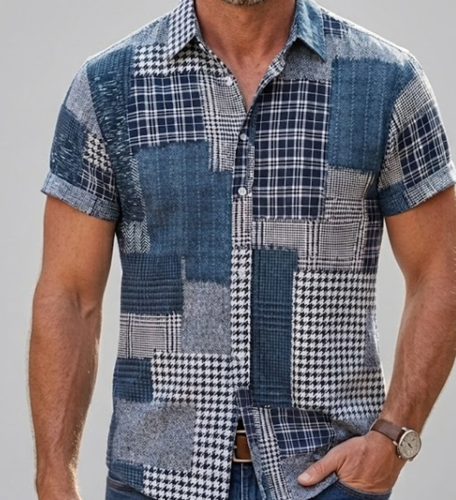 Men's Short Sleeve Linen Blend Abstract Patchwork Relaxed Fit Shirt