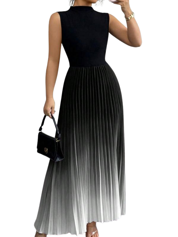 Women's Sleeveless Mock Neck Pleated Maxi Dress Ombre Formal Gown