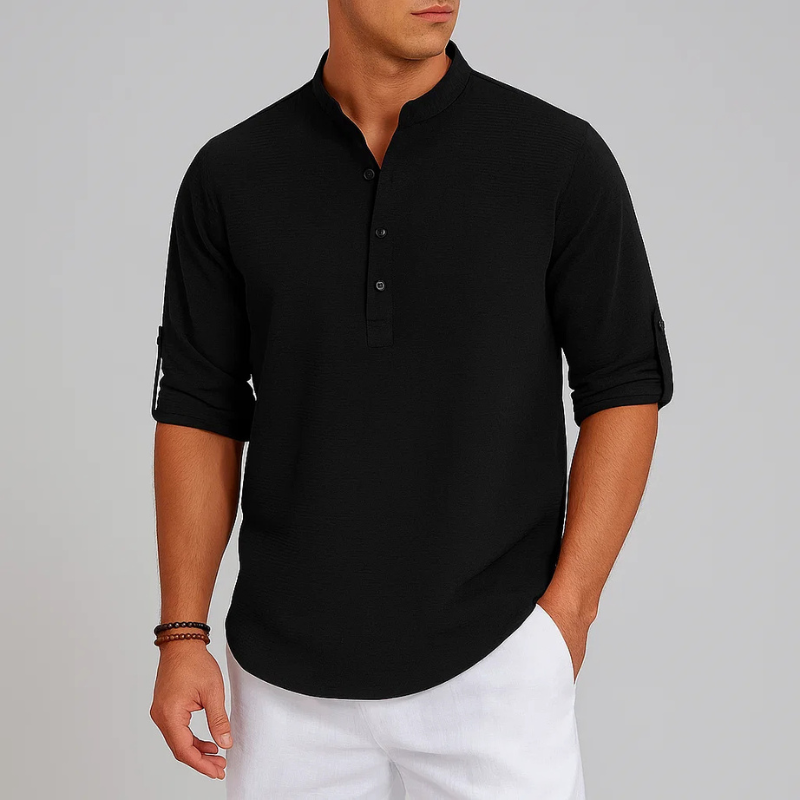 Men's Linen Henley Shirt Roll-Up Sleeve Casual Top