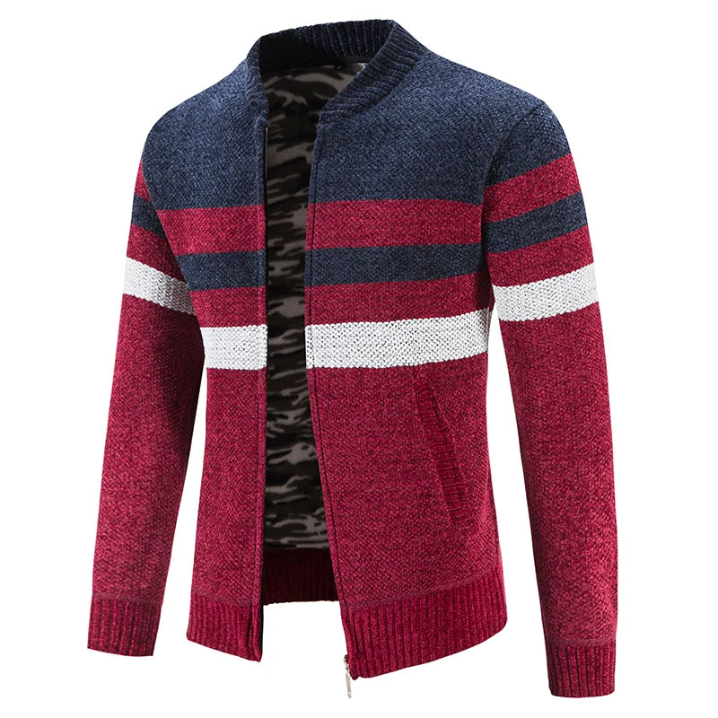 Men's Merino Wool Knit Cardigan Striped Zipper Sweater