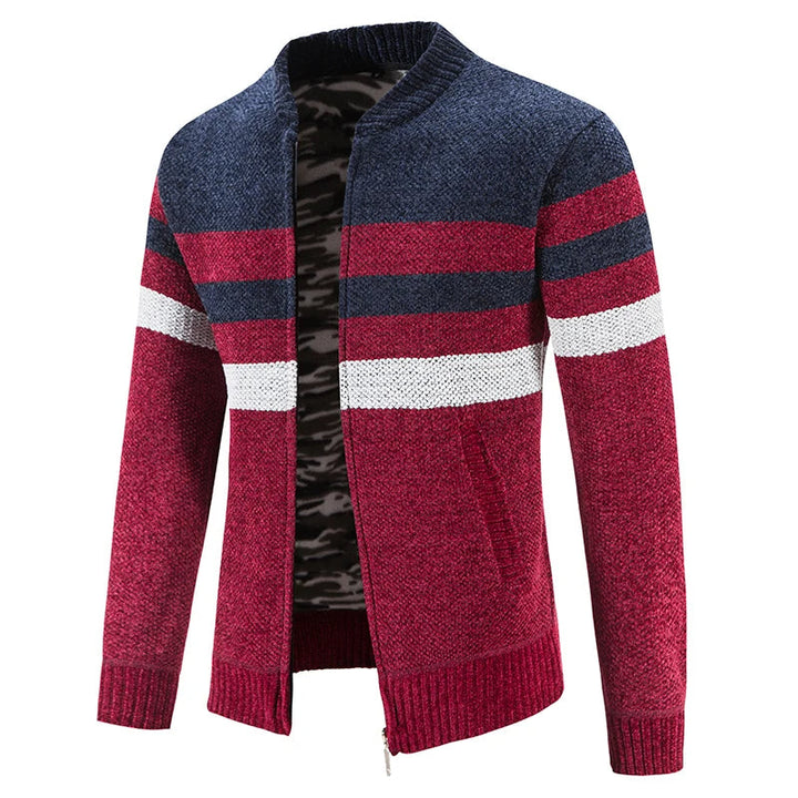 Men's Merino Wool Knit Cardigan Striped Zipper Sweater