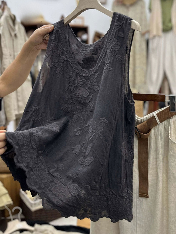Women's Embroidered Linen Tank Top Sleeveless Blouse