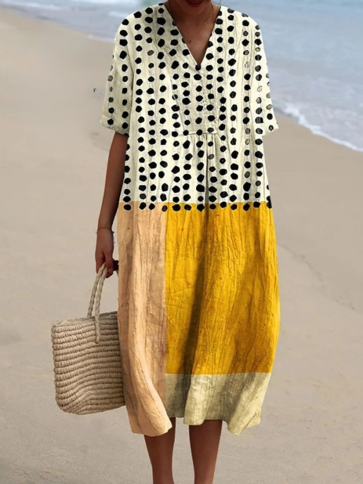 Women's Linen Maxi Dress V-Neck Long Sleeve Relaxed Fit Kaftan