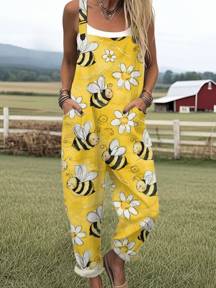 Women's Linen Blend Graphic Print Loose Fit Sleeveless Overalls Jumpsuit