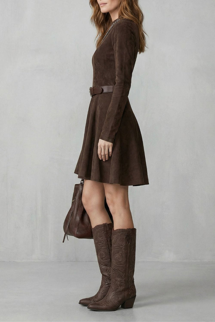 Women's Suede Skater Dress Long Sleeve A-Line