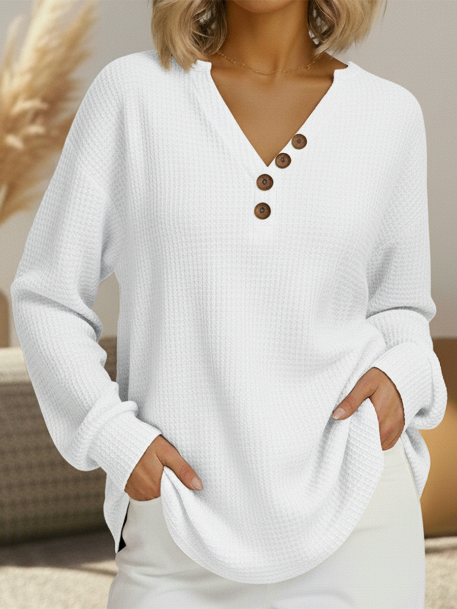 Women's Knit Henley Jumper Long Sleeve V Neck Top