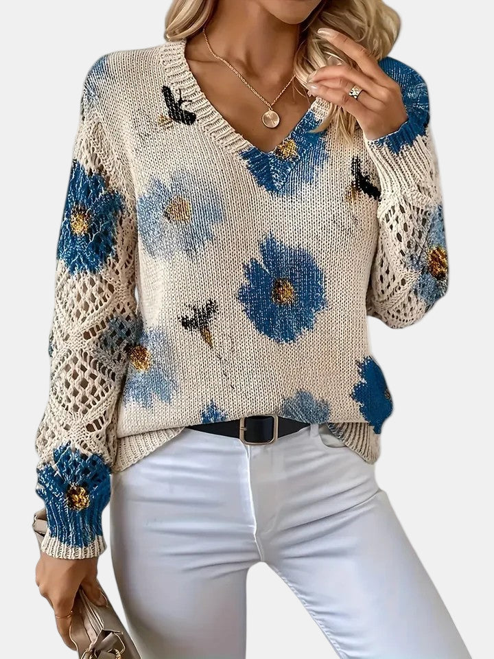 Women's Long Sleeve Knit V-Neck Floral Sweater Jumper