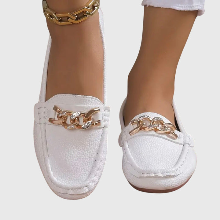 Women's Leather Loafers Chain Flat Shoes Moccasins Slips On