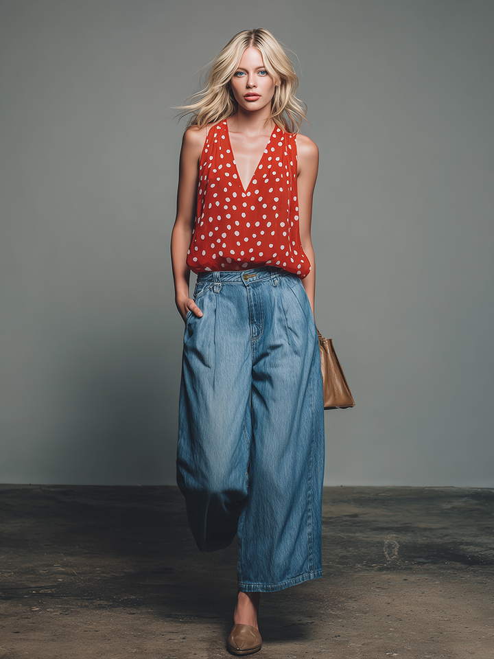 Women's Linen Blend V-Neck Top and Wide Leg Denim Trousers Set