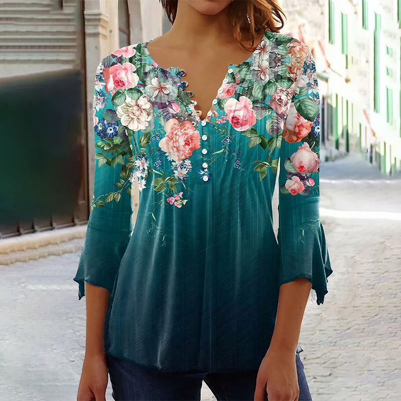 Women's Linen Floral Blouse V Neck 3/4 Sleeve Top