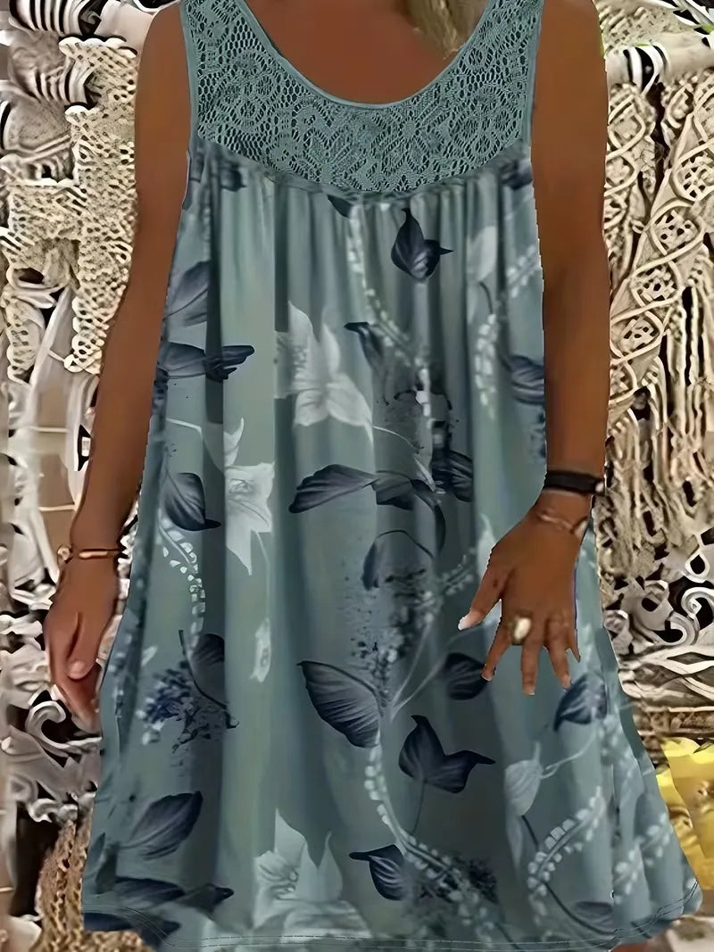 Women's Linen Sleeveless Casual Floral Print Beach Dress