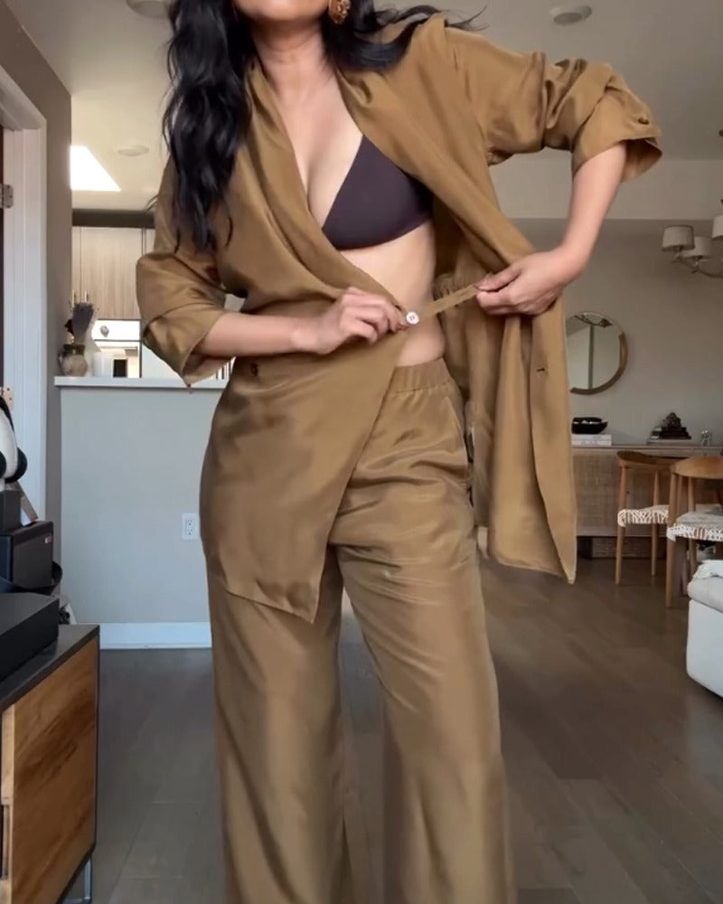 Women's Linen Tailored Two Piece Shirt and Wide-Leg Trouser Set