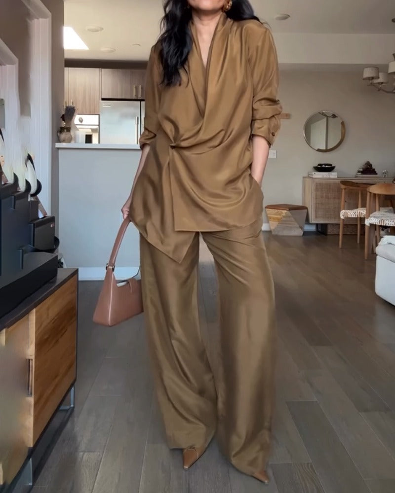 Women's Linen Tailored Two Piece Shirt and Wide-Leg Trouser Set