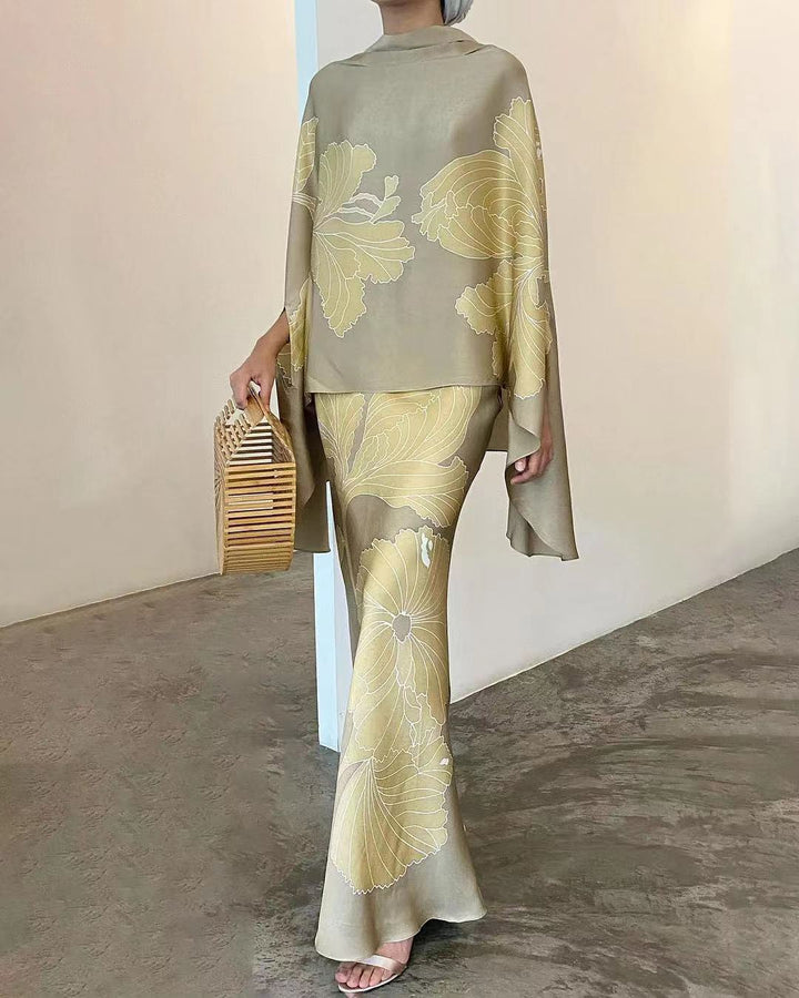Women's Satin Two Piece Skirt Set Elegant Cape Top Maxi Outfit