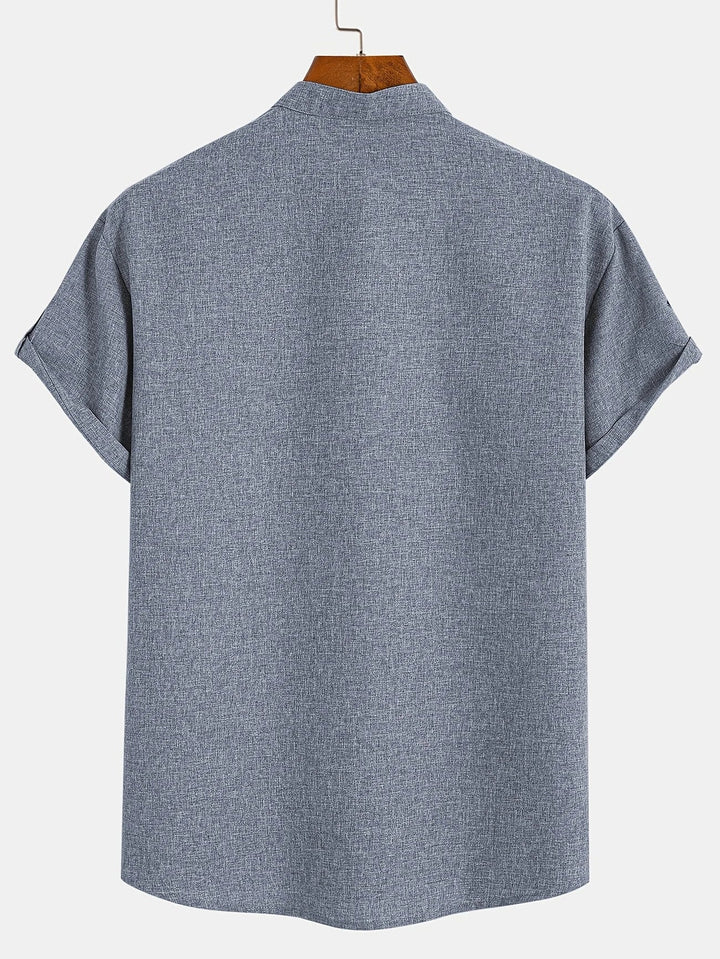 Men Henley Linen Shirt Casual Short Sleeve Cross Graphic Tee