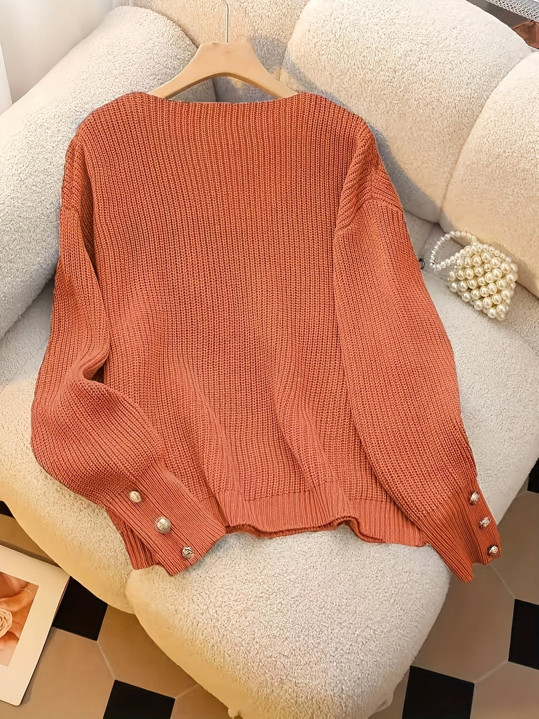 Women's Knit Ribbed V-Neck Button-Cuff Sweater