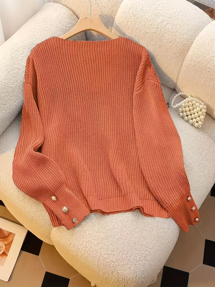 Women's Knit Ribbed V-Neck Button-Cuff Sweater