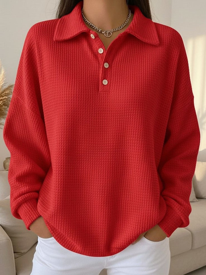 Women Long Sleeve Waffle Knit Polo Shirt