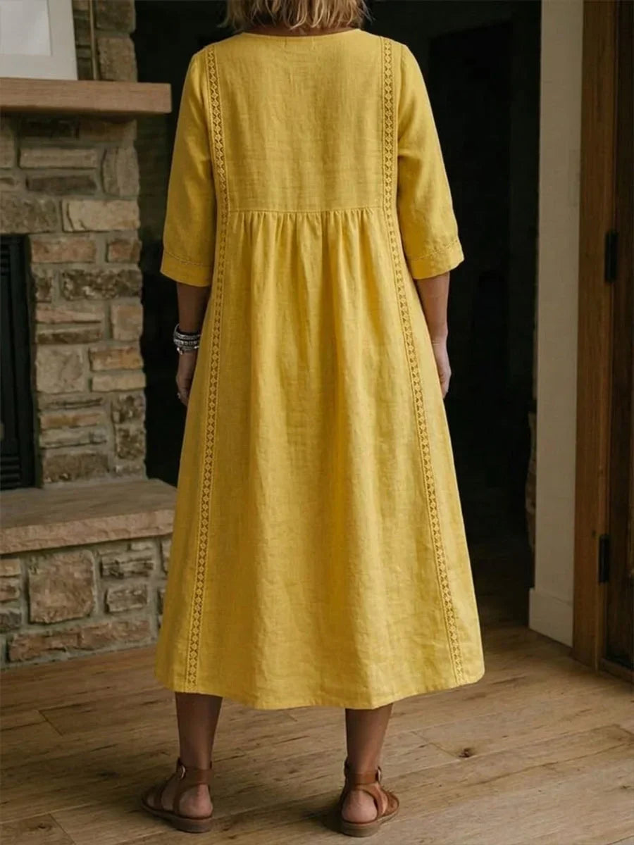 Women's Loose Fit Linen V-Neck Long Sleeve Midi Dress