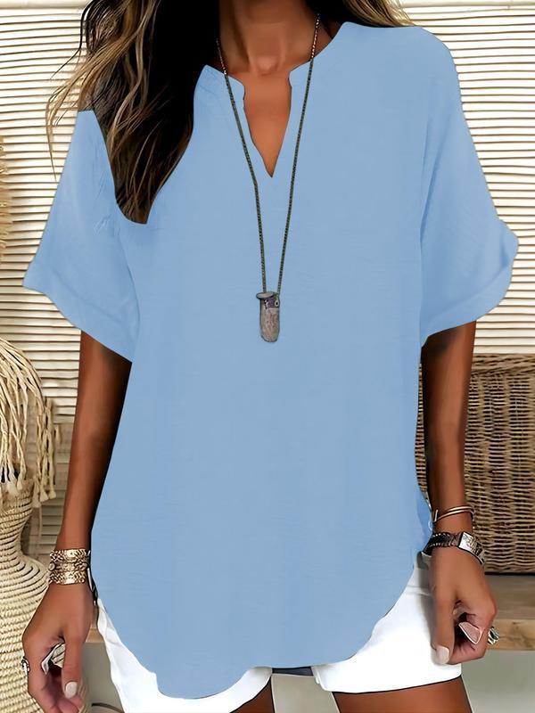 Women Linen Blouse V Neck Short Sleeve Casual Tunic Top