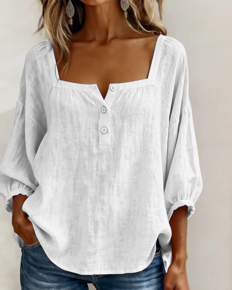 Women's Linen Blouse Square Neck Long Sleeve Casual Top Shirt