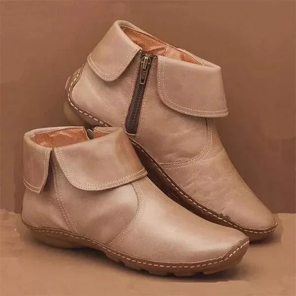 Women's Leather Ankle Boots Slip-On Comfort Shoes with Side Zipper