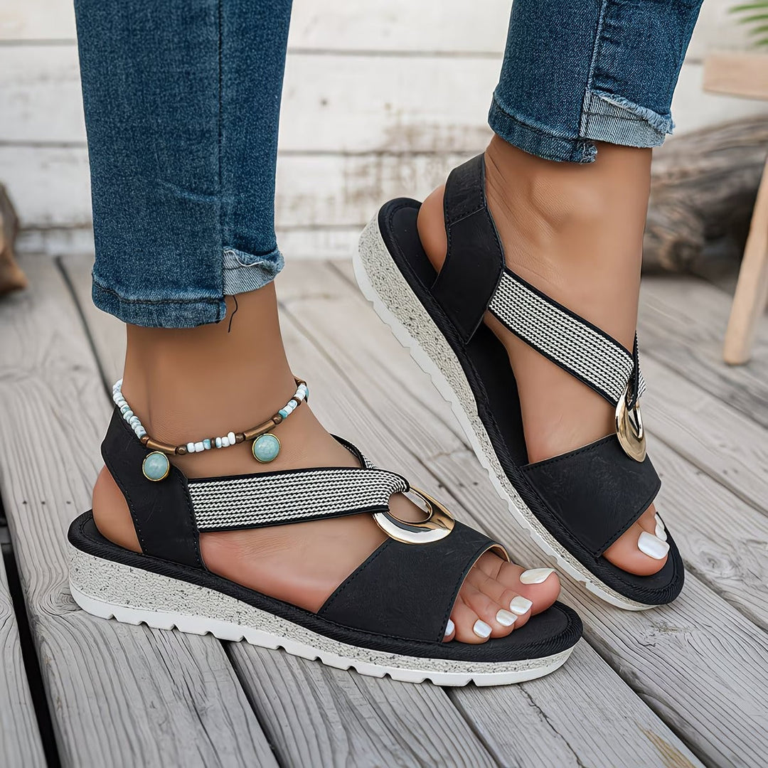 Women Leather Flat Sandals Elastic Slingback Open Toe Casual Shoes