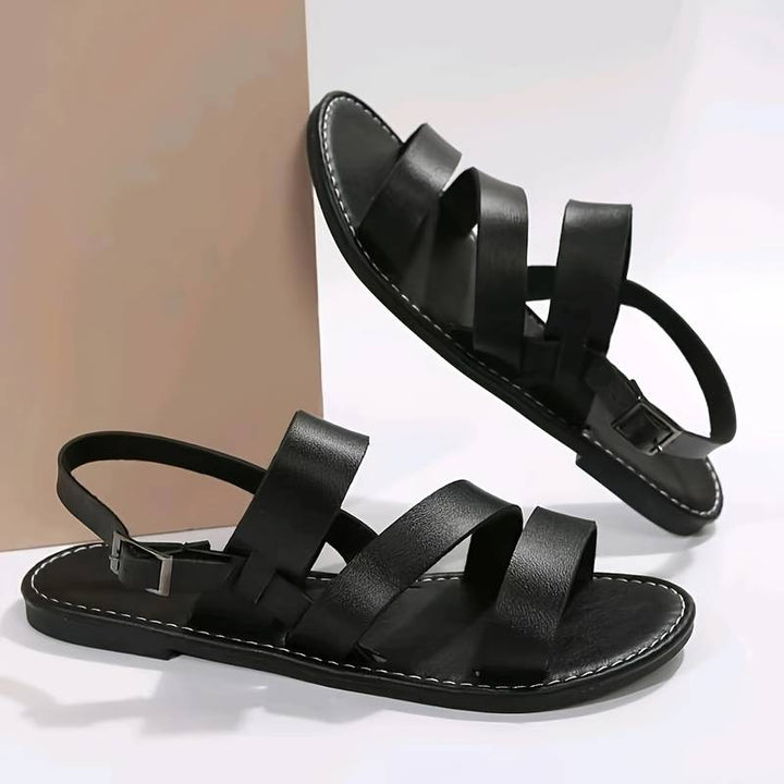 Women's Summer Vegan Leather Triple Strap Flat Sandals