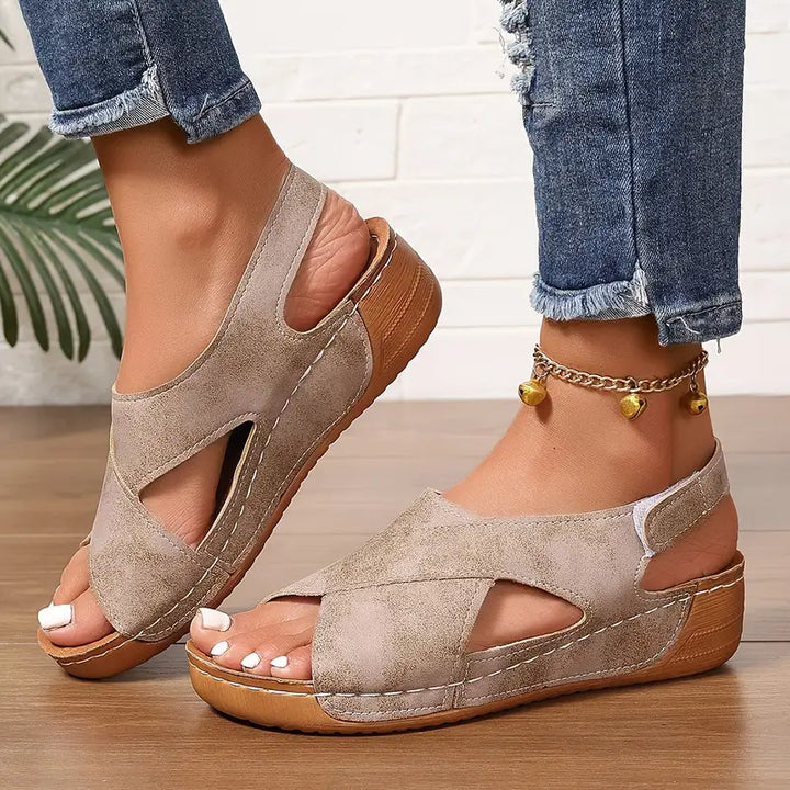 Women’s Leather Orthopedic Cross-Strap Slingback Wedges