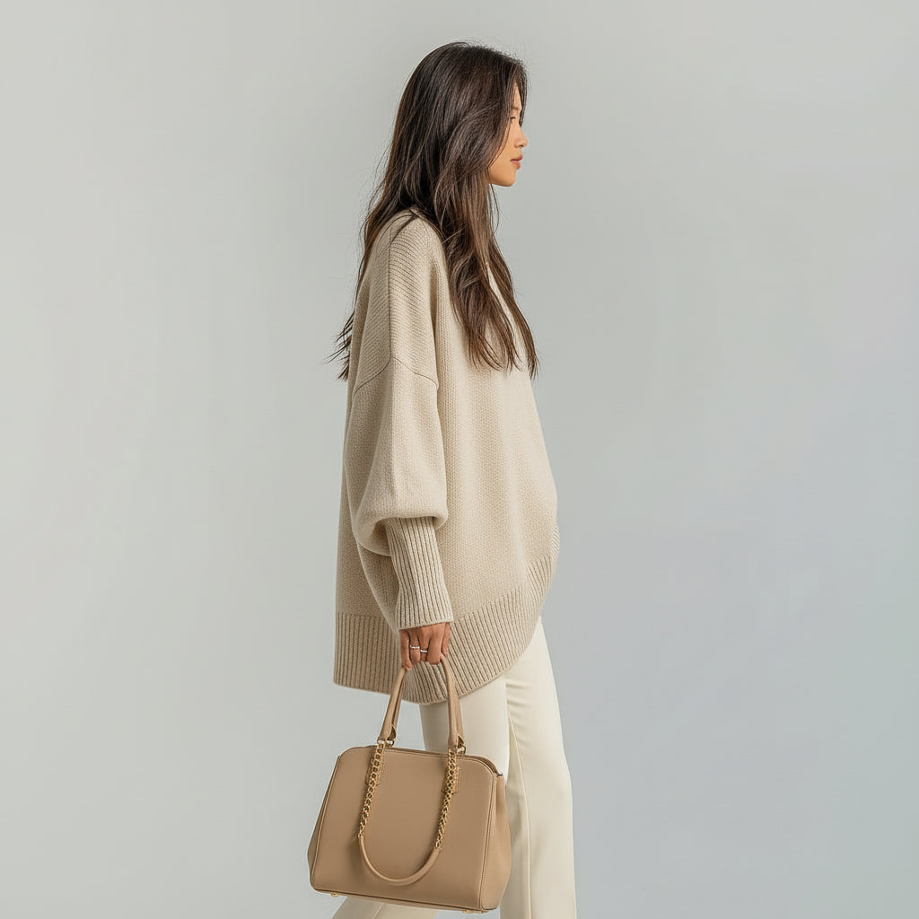 Γυναικεία μάλλινη oversized τουνίκ με στρογγυλή λαιμόκοψη και μανίκια τύπου νυχτερίδα
