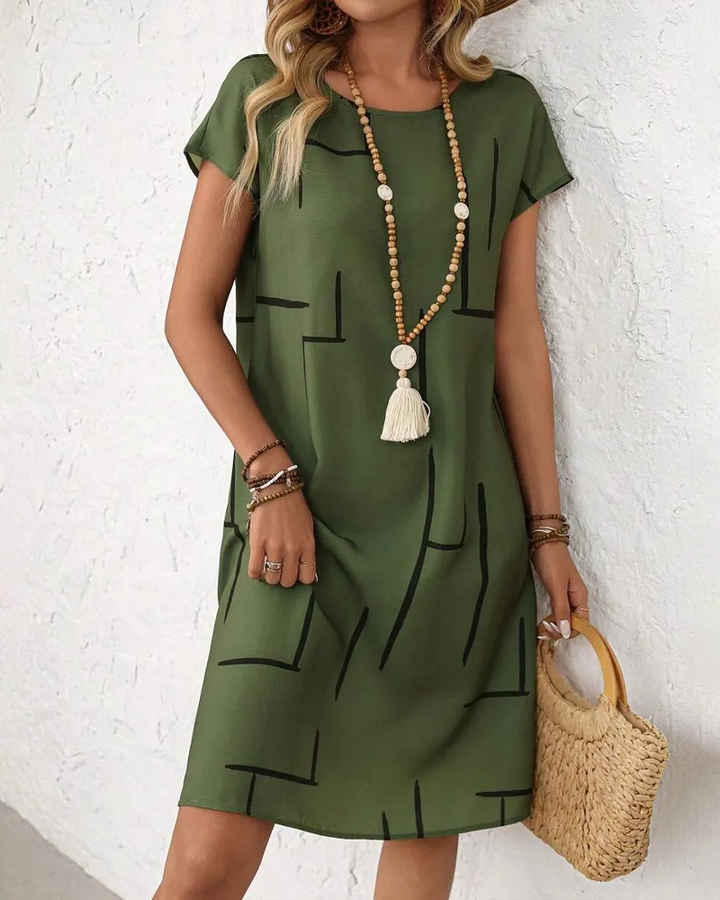 Women's Short Sleeve Linen Midi Shift Dress