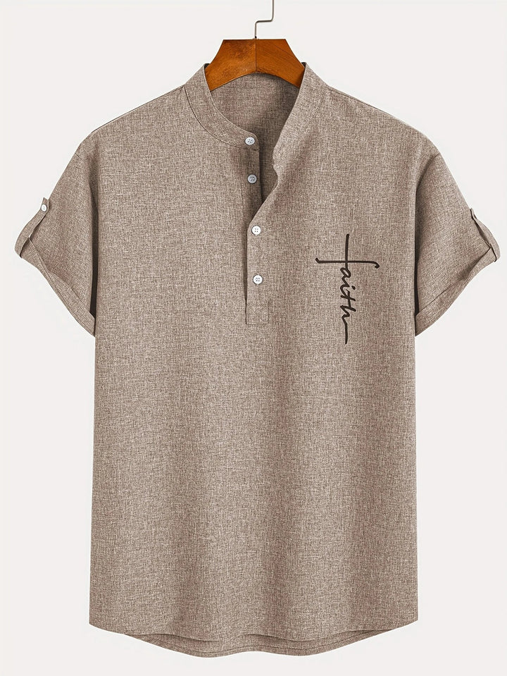 Men Henley Linen Shirt Casual Short Sleeve Cross Graphic Tee