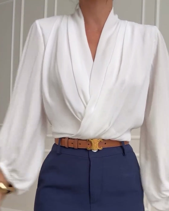 Women's Satin Wrap Blouse Long Sleeve V Neck Shirt Top