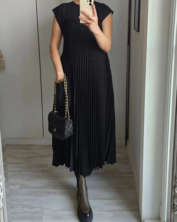 Women's Pleated Linen Maxi Dress Casual Sundress Loose Fit