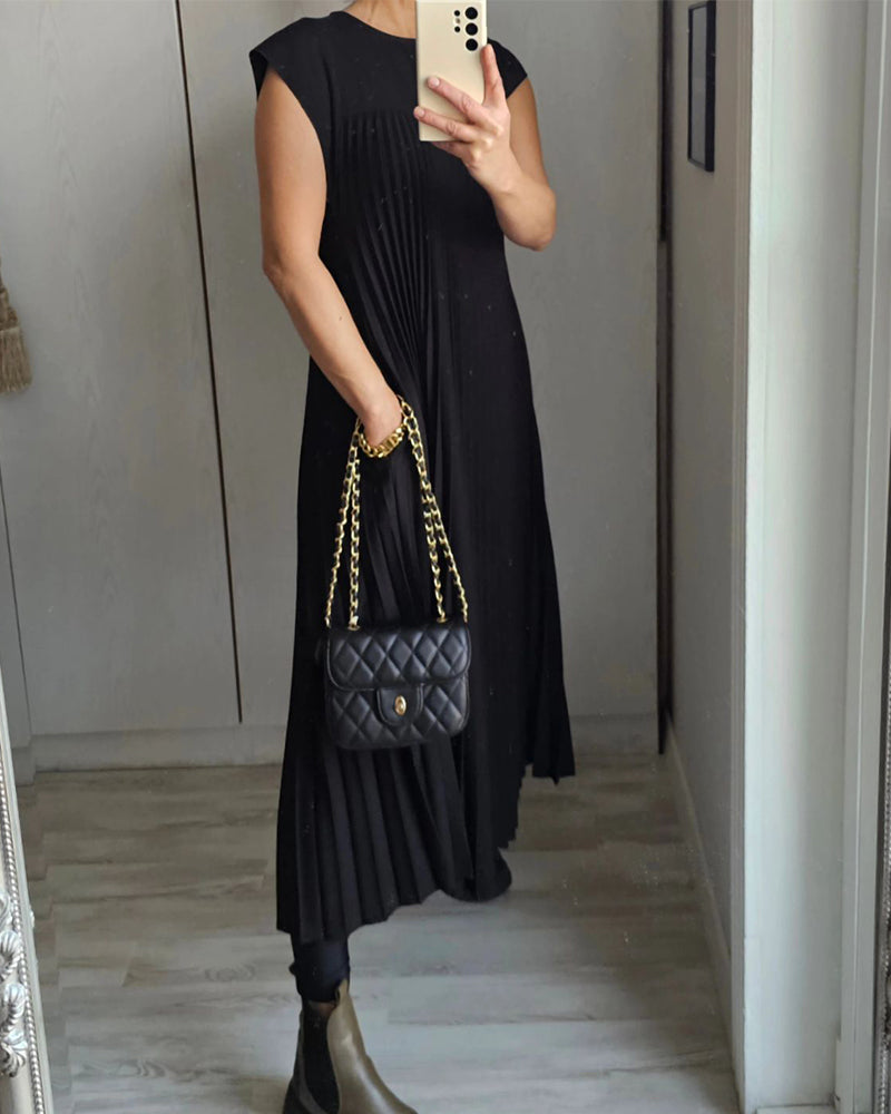 Women's Pleated Linen Maxi Dress Casual Sundress Loose Fit