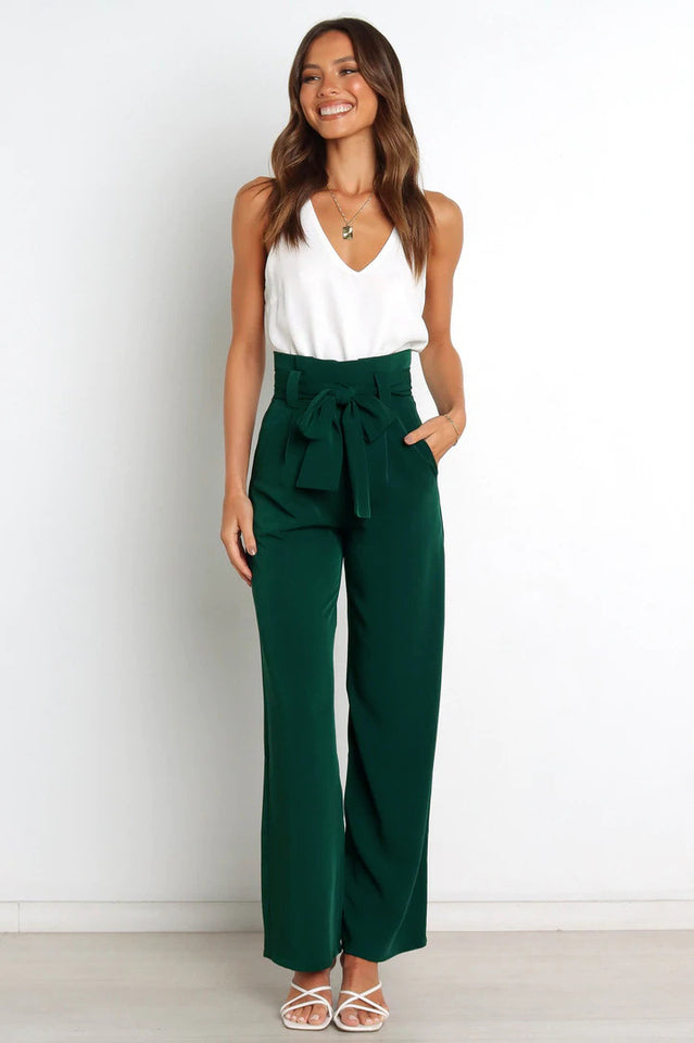 Women's High Waist Wide Leg Linen Trousers with Belt