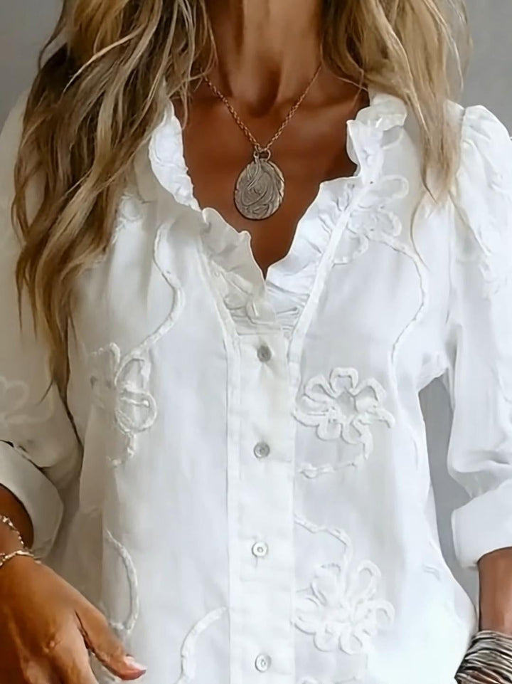 Women's Linen Ruffle-Collar Long-Sleeve Blouse