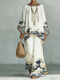 Women's Linen Wave Print Top and Wide Leg Pants Two Piece Set