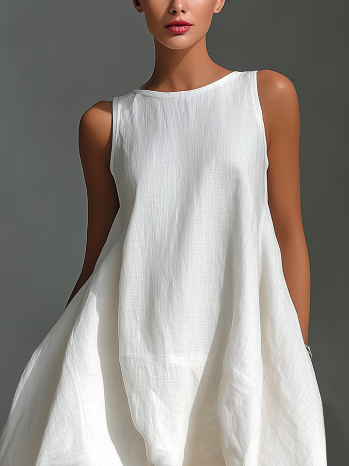 Women's Elegant Linen Sleeveless Round Neck High-Low Midi Dress