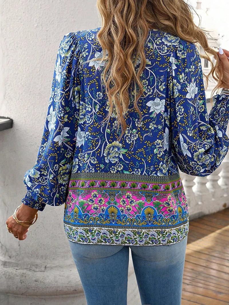Women's Boho Floral Chiffon Long Sleeve Peasant Blouse Top