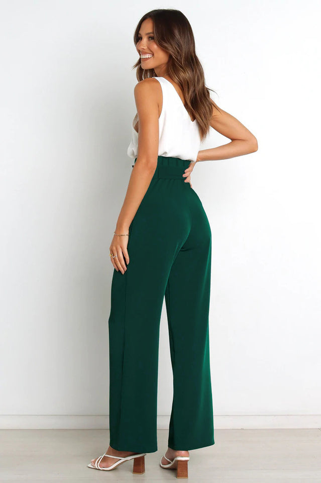 Women's High Waist Wide Leg Linen Trousers with Belt