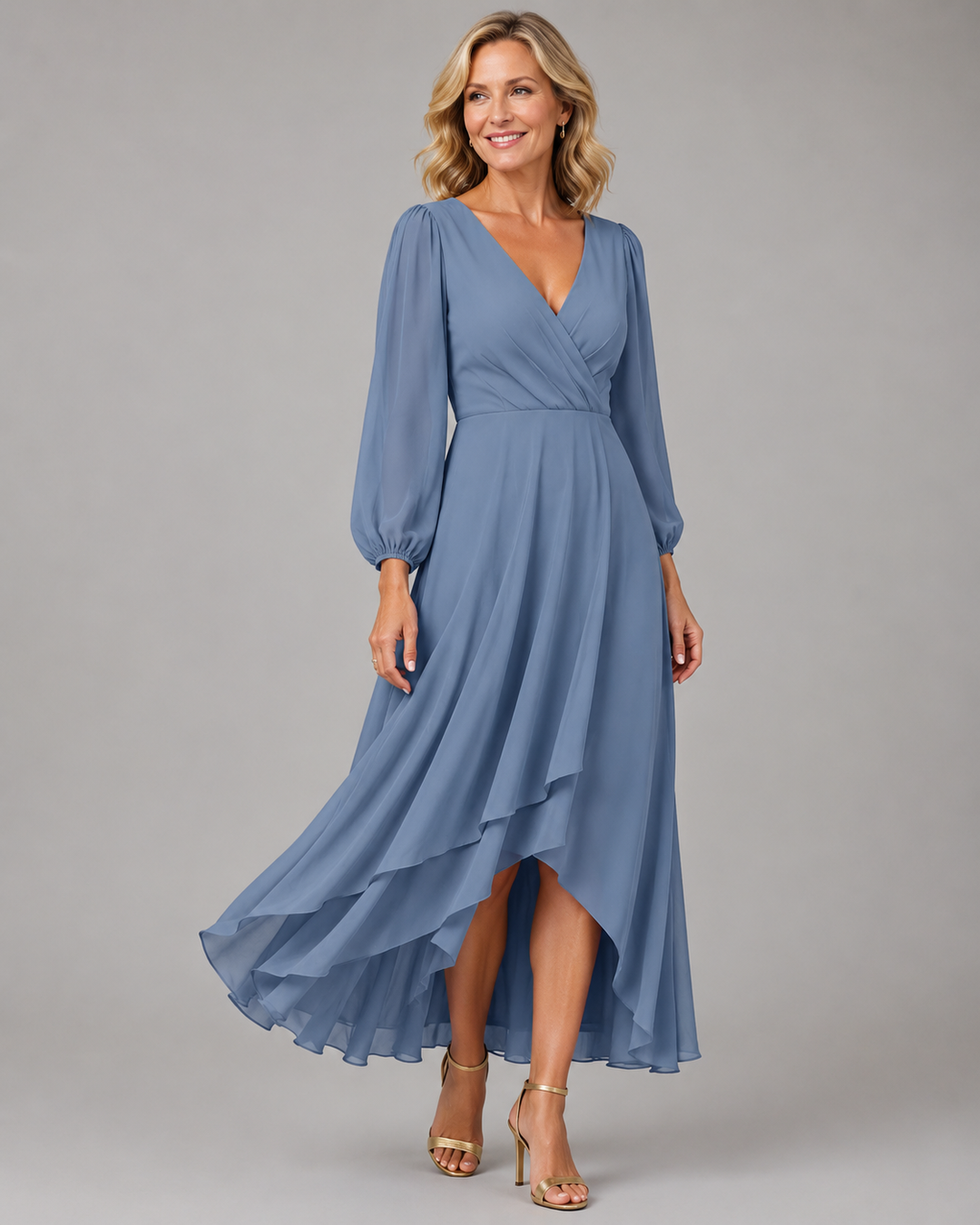 Robe de soirée et de fête midi pour femme, en mousseline, à manches longues et portefeuille