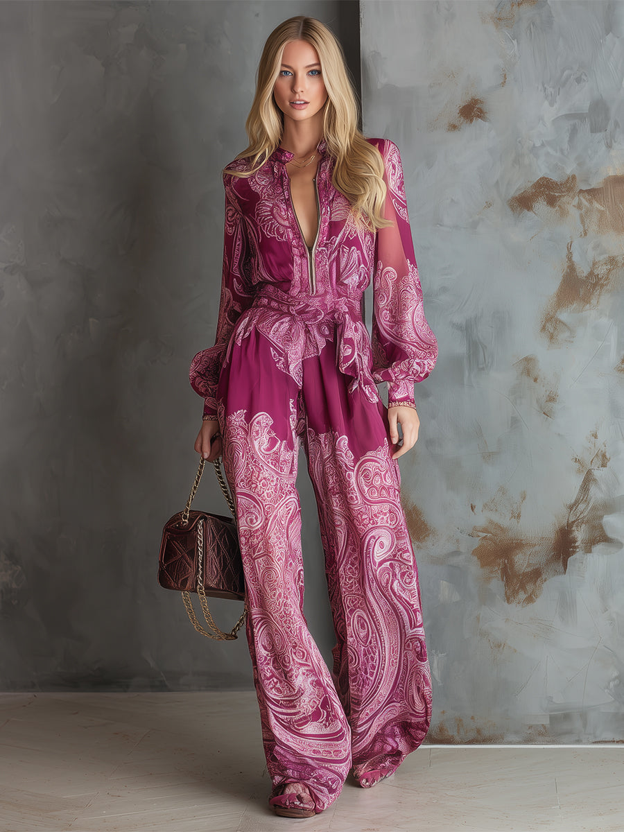 Women's Satin Paisley Wide Leg Jumpsuit Long Sleeve Evening Romper