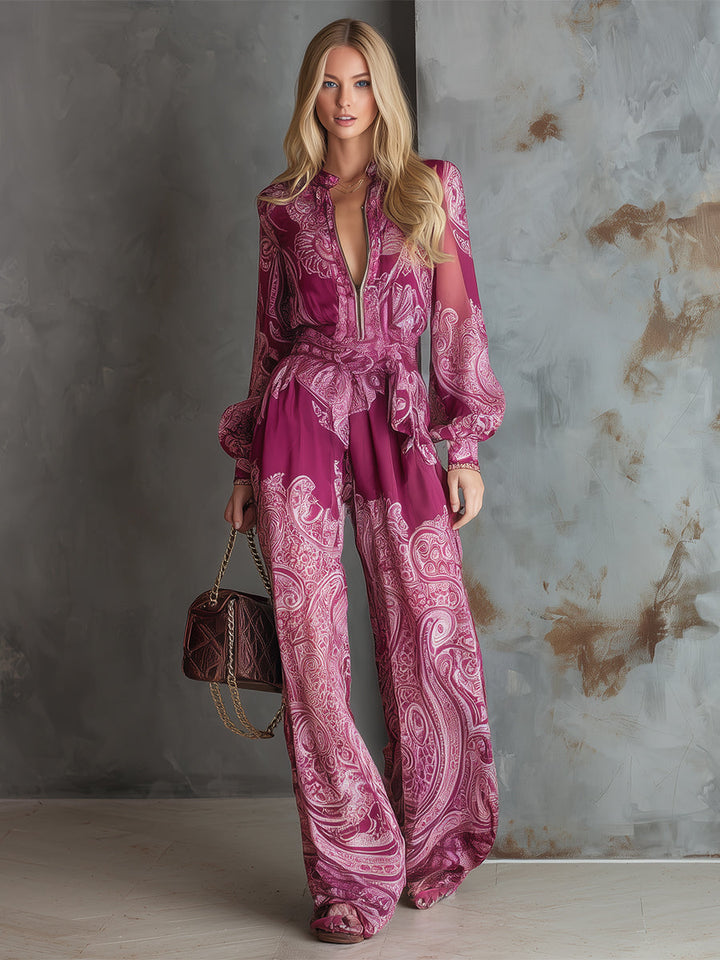 Women's Satin Paisley Wide Leg Jumpsuit Long Sleeve Evening Romper