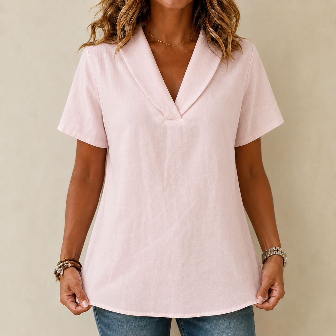 Women's Linen Blouse V Neck Short Sleeve Casual Shirt Tunics Top